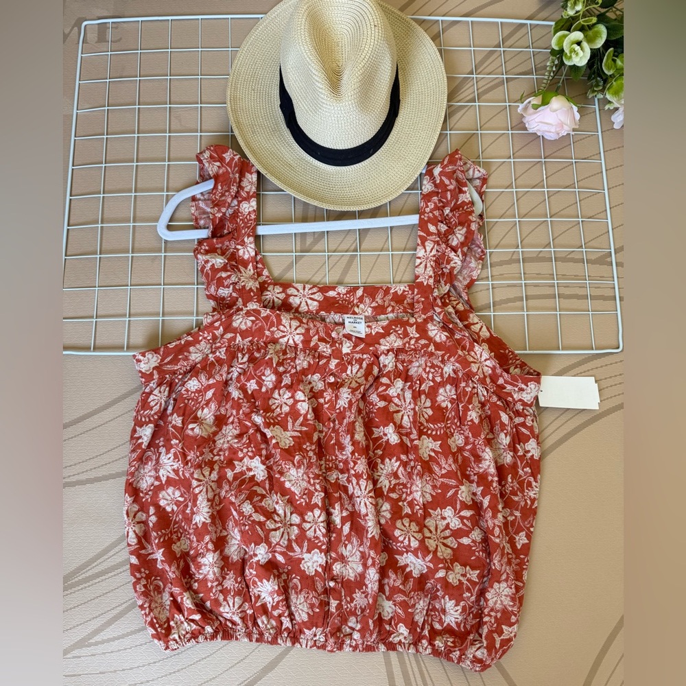 Melrose and Market Rust Floral Ruffle Strap Tank